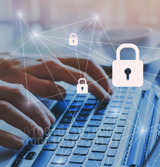 Hands typing on a laptop with padlock icons representing UK data protection and security under the Data Use and Access Act 2025