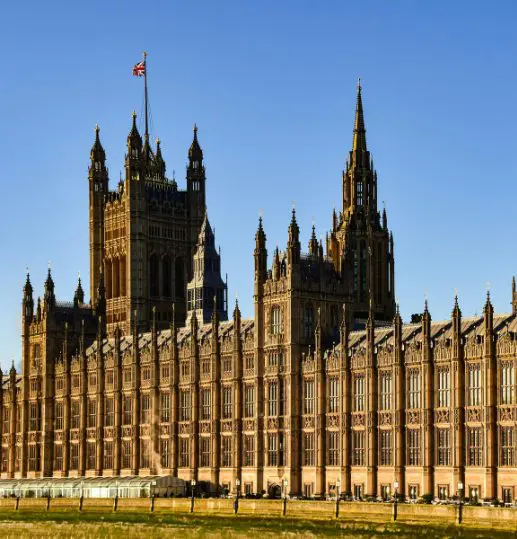 The UK Houses of Parliament in London, viewed from across the River Thames