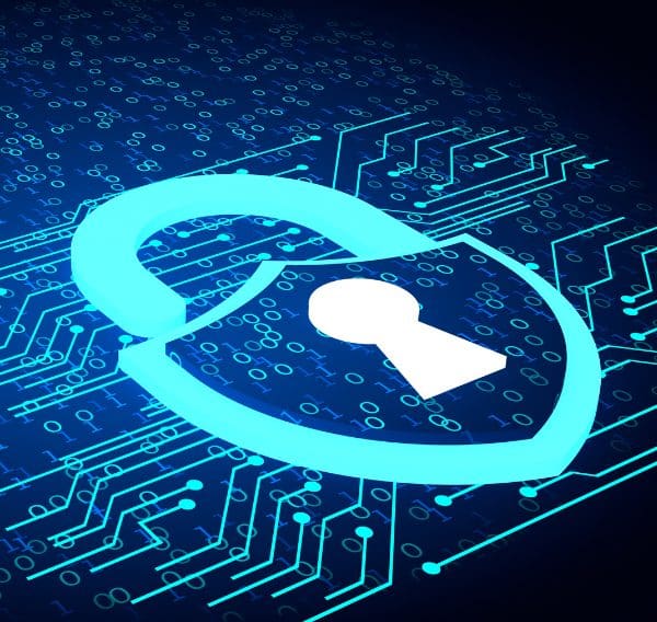 Blue padlock over a circuit board background representing data protection, cyber security and secure information management.