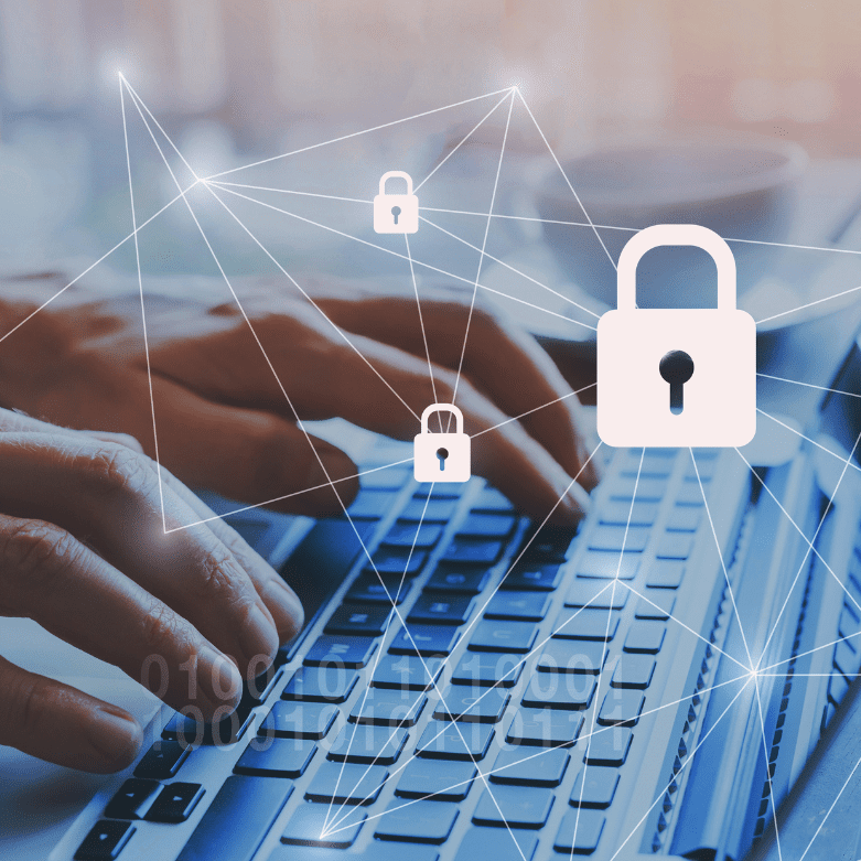 Person typing on a laptop with multiple white padlock icons overlayed to represent data protection, cyber security and secure information handling.