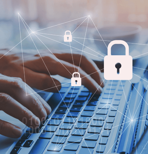 Hands typing on a laptop with padlock icons representing UK data protection and security under the Data Use and Access Act 2025
