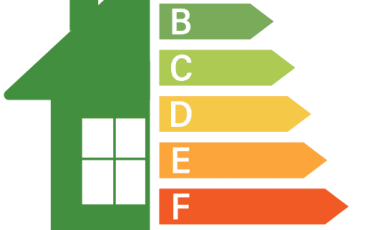 Energy Performance Certificate EPC rating graph beside house illustration showing energy efficiency levels in Scotland
